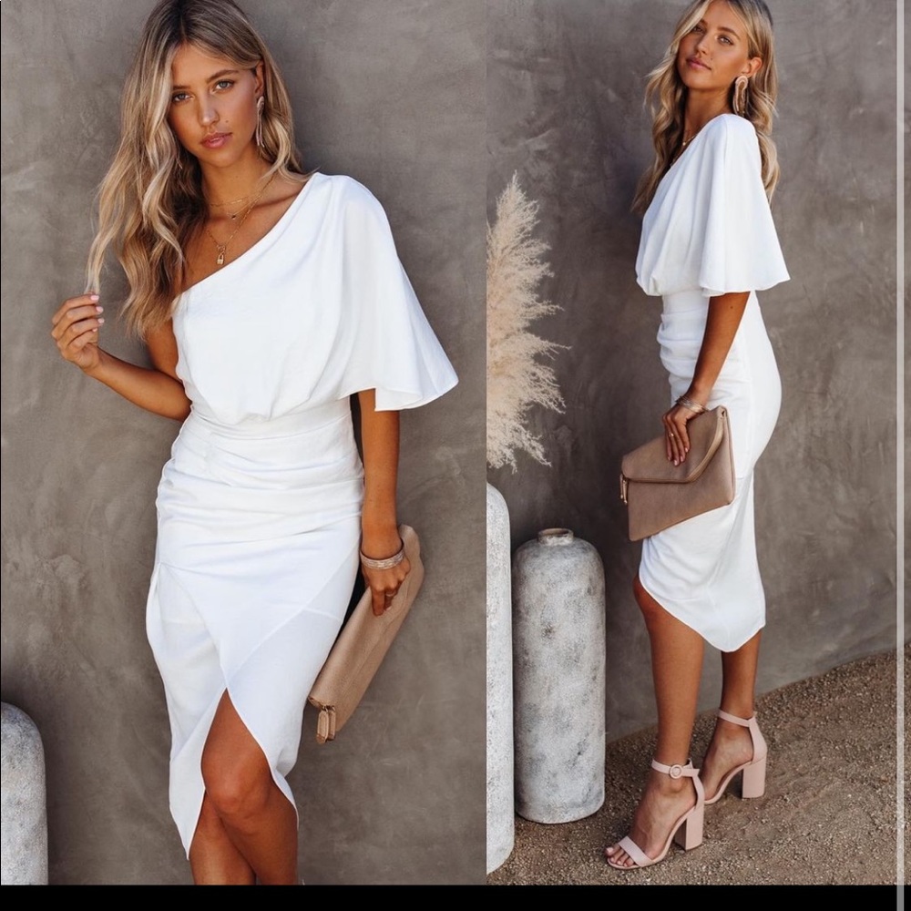 NWOT VICI Dolls One Shoulder White Satin Midi Dress Size Small